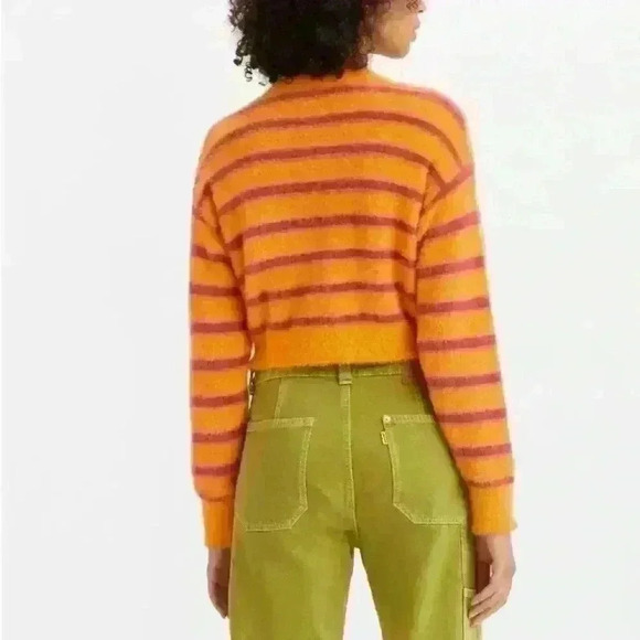 Levi's  Cat Cardigan Sweater Fuzzy Size M Orange Purple Stripes Button-up - Picture 3 of 9